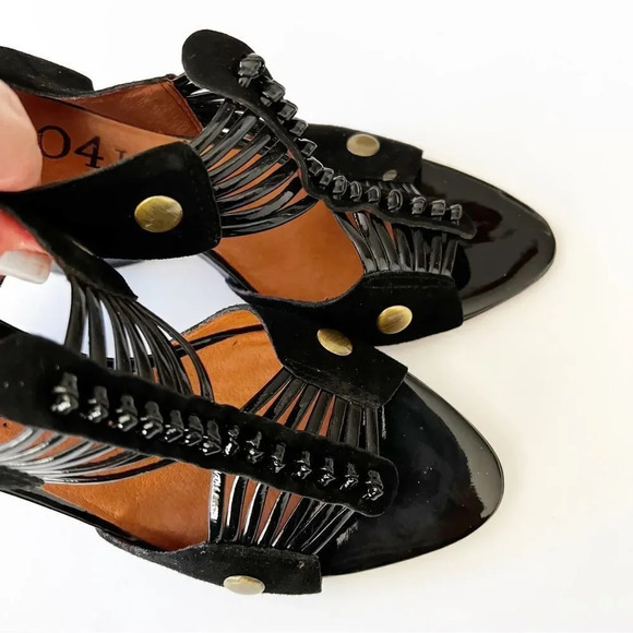 No. 704b Digna Black Suede‎ Caged Heels Wedge Size 37.5 Anthropologie Gold Luxe - Picture 5 of 10